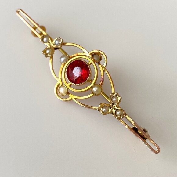 Vintage Antique 10k Yellow Gold Seed Pearl Ruby-Tone Red Glass Bar Brooch Pin - Picture 2 of 6